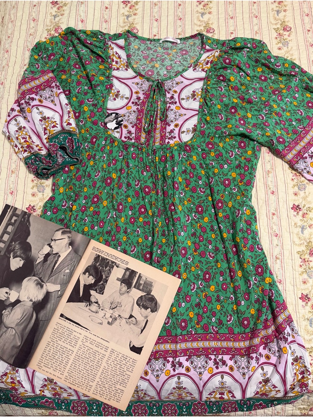 Bluetime Boho Floral Border Print Empire Waist Peasant Mini Dress Green Retro M